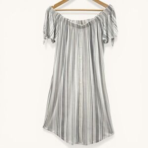 No Comment Off Shoulder Striped Dress Large White Gray Tie Sleeve NWT Coastal